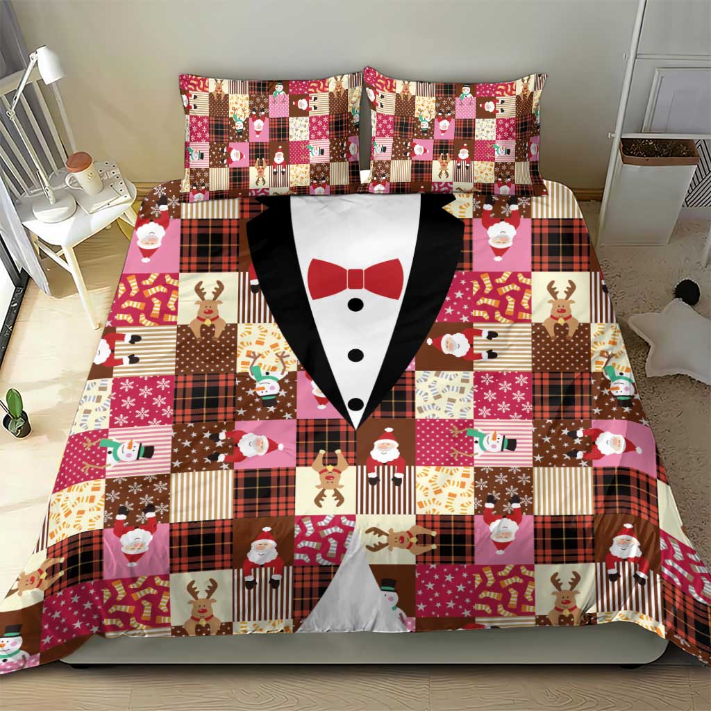 Christmas Patchwork Fake Tuxedo Bedding Set Santa and Reindeer Pink Plaid Style - Wonder Print Shop