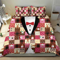Christmas Patchwork Fake Tuxedo Bedding Set Santa and Reindeer Pink Plaid Style - Wonder Print Shop