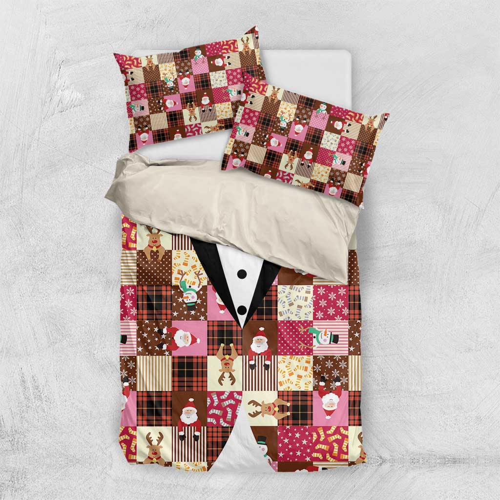 Christmas Patchwork Fake Tuxedo Bedding Set Santa and Reindeer Pink Plaid Style - Wonder Print Shop