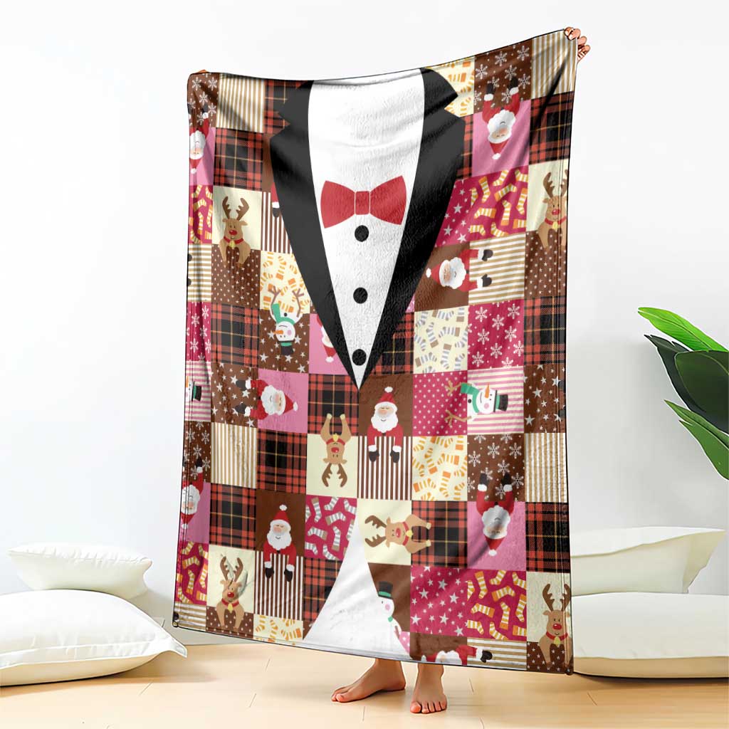 Christmas Patchwork Fake Tuxedo Blanket Santa and Reindeer Pink Plaid Style - Wonder Print Shop