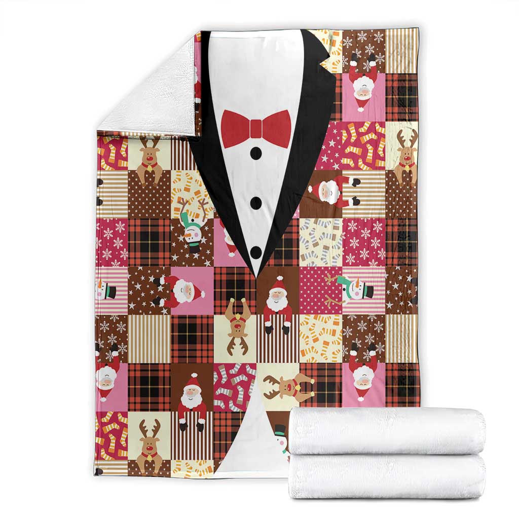 Christmas Patchwork Fake Tuxedo Blanket Santa and Reindeer Pink Plaid Style - Wonder Print Shop