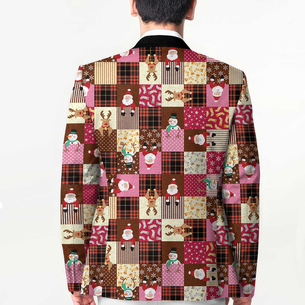 Christmas Patchwork Fake Tuxedo Blazer Santa and Reindeer Pink Plaid Style - Wonder Print Shop