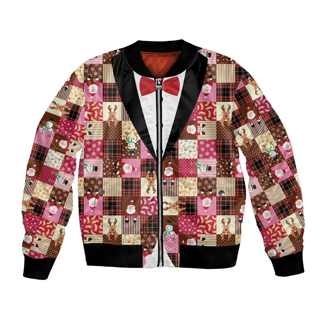 Christmas Patchwork Fake Tuxedo Bomber Jacket Santa and Reindeer Pink Plaid Style - Wonder Print Shop