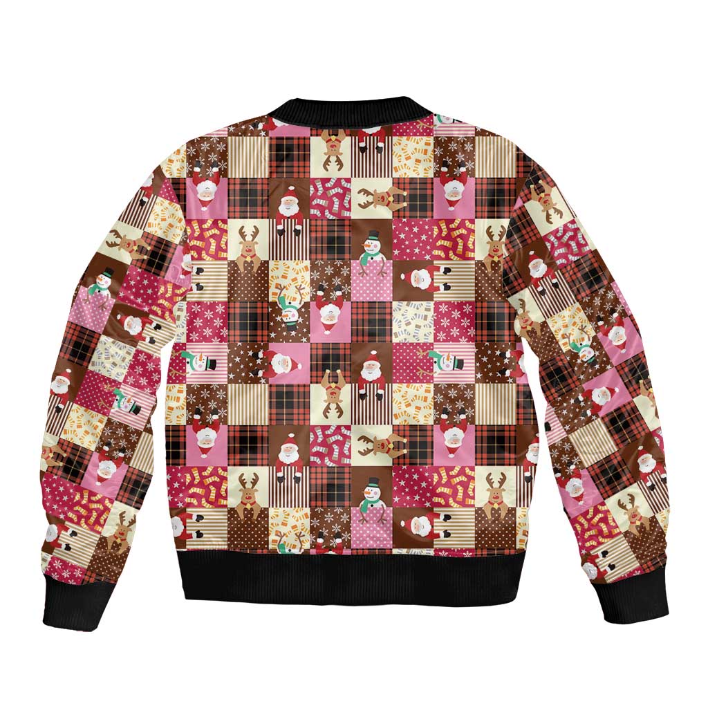 Christmas Patchwork Fake Tuxedo Bomber Jacket Santa and Reindeer Pink Plaid Style - Wonder Print Shop