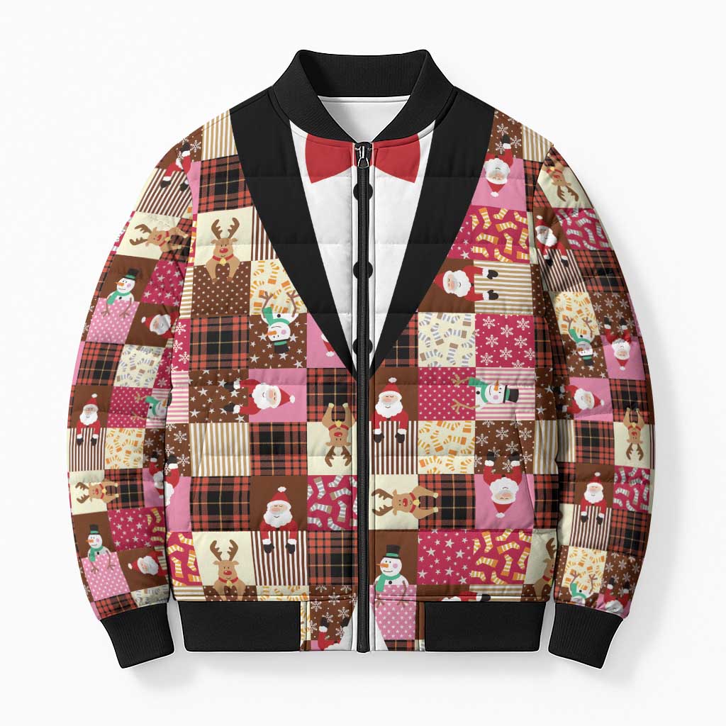 Christmas Patchwork Fake Tuxedo Bomber Puffer Jacket Santa and Reindeer Pink Plaid Style - Wonder Print Shop