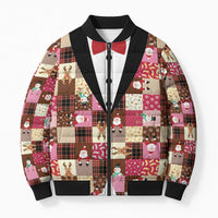 Christmas Patchwork Fake Tuxedo Bomber Puffer Jacket Santa and Reindeer Pink Plaid Style - Wonder Print Shop