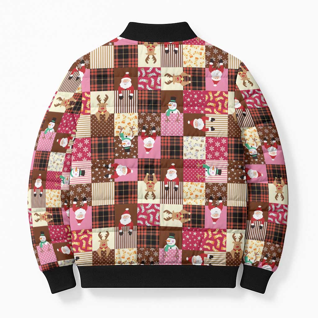 Christmas Patchwork Fake Tuxedo Bomber Puffer Jacket Santa and Reindeer Pink Plaid Style - Wonder Print Shop