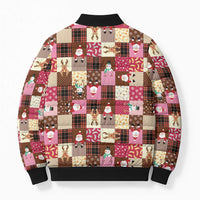 Christmas Patchwork Fake Tuxedo Bomber Puffer Jacket Santa and Reindeer Pink Plaid Style - Wonder Print Shop