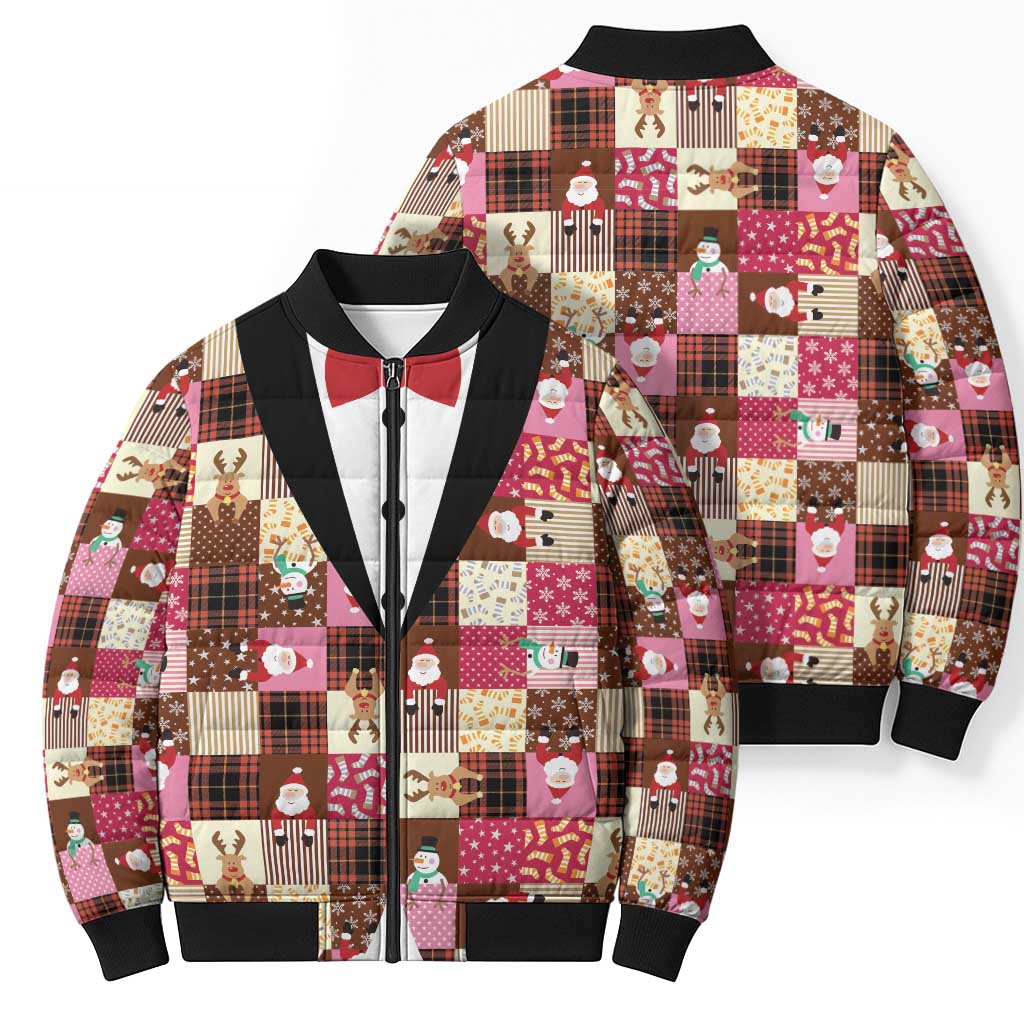 Christmas Patchwork Fake Tuxedo Bomber Puffer Jacket Santa and Reindeer Pink Plaid Style - Wonder Print Shop