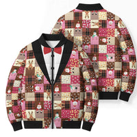 Christmas Patchwork Fake Tuxedo Bomber Puffer Jacket Santa and Reindeer Pink Plaid Style - Wonder Print Shop