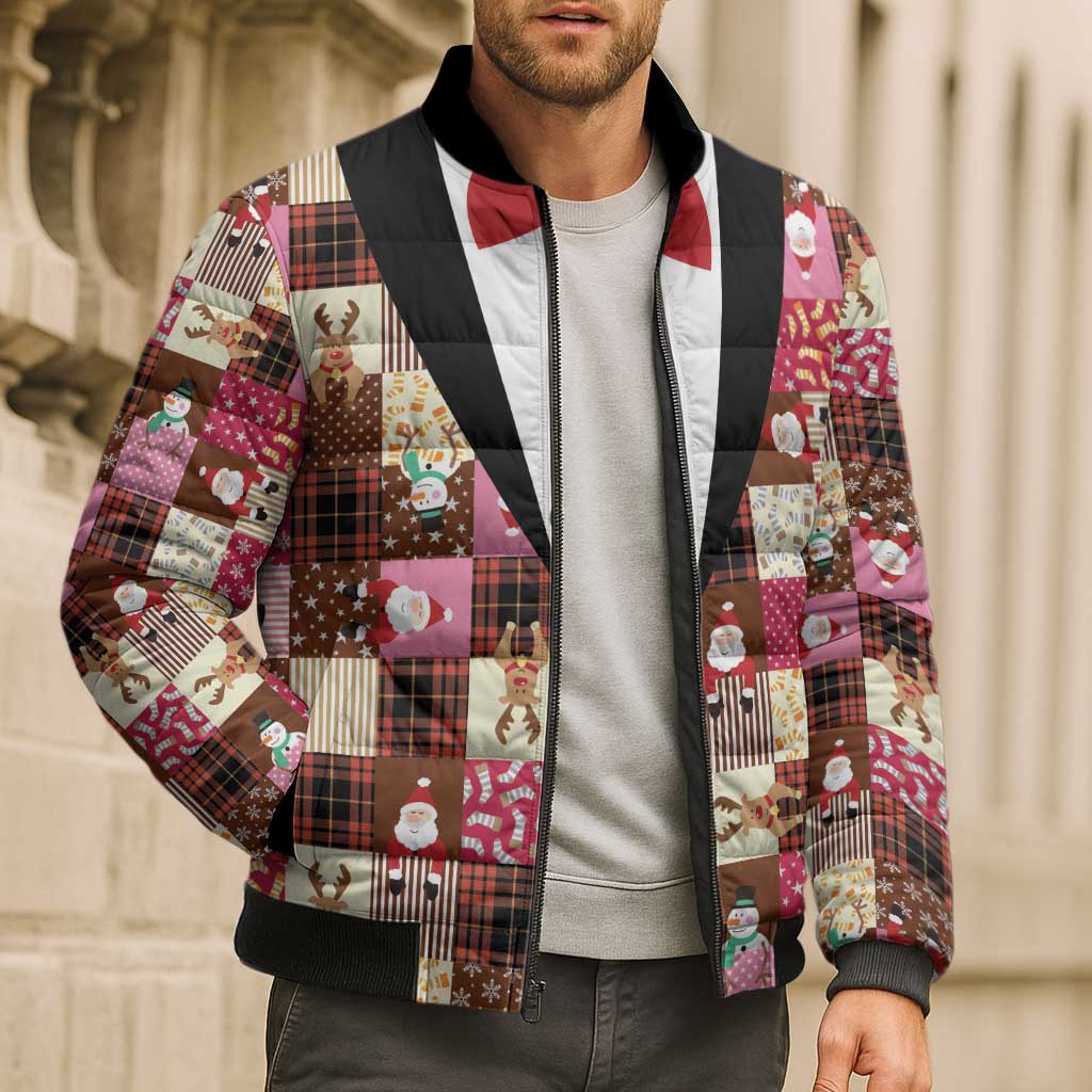 Christmas Patchwork Fake Tuxedo Bomber Puffer Jacket Santa and Reindeer Pink Plaid Style - Wonder Print Shop