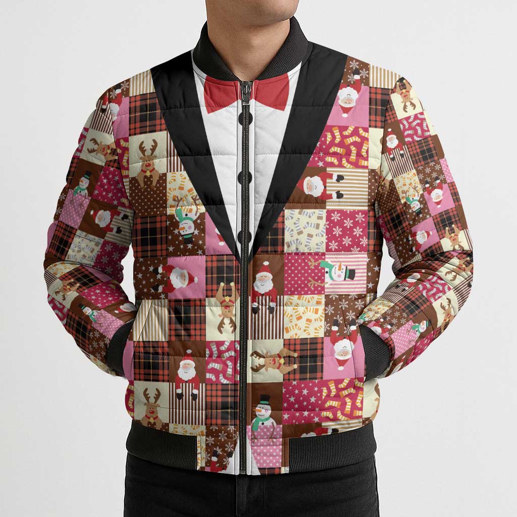 Christmas Patchwork Fake Tuxedo Bomber Puffer Jacket Santa and Reindeer Pink Plaid Style - Wonder Print Shop