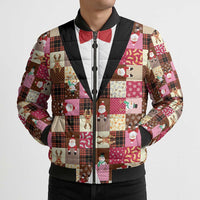 Christmas Patchwork Fake Tuxedo Bomber Puffer Jacket Santa and Reindeer Pink Plaid Style - Wonder Print Shop