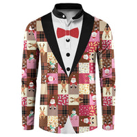 Christmas Patchwork Fake Tuxedo Button Sweatshirt Santa and Reindeer Pink Plaid Style - Wonder Print Shop