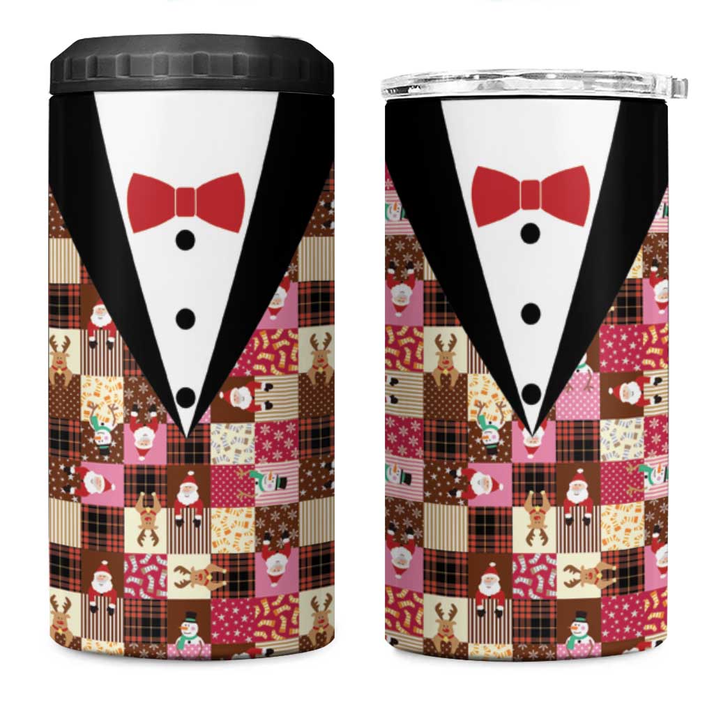 Christmas Patchwork Fake Tuxedo 4 in 1 Can Cooler Tumbler Santa and Reindeer Pink Plaid Style - Wonder Print Shop