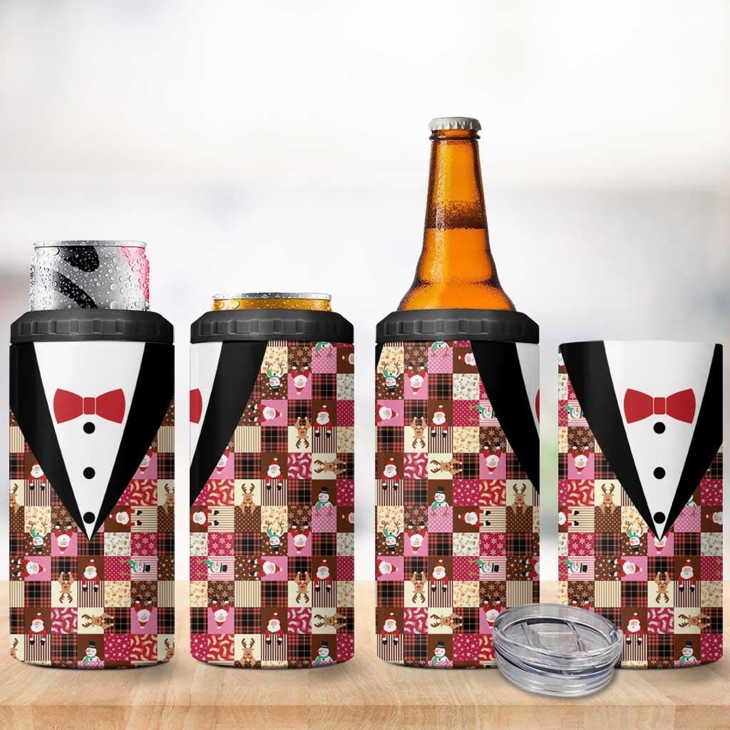 Christmas Patchwork Fake Tuxedo 4 in 1 Can Cooler Tumbler Santa and Reindeer Pink Plaid Style - Wonder Print Shop