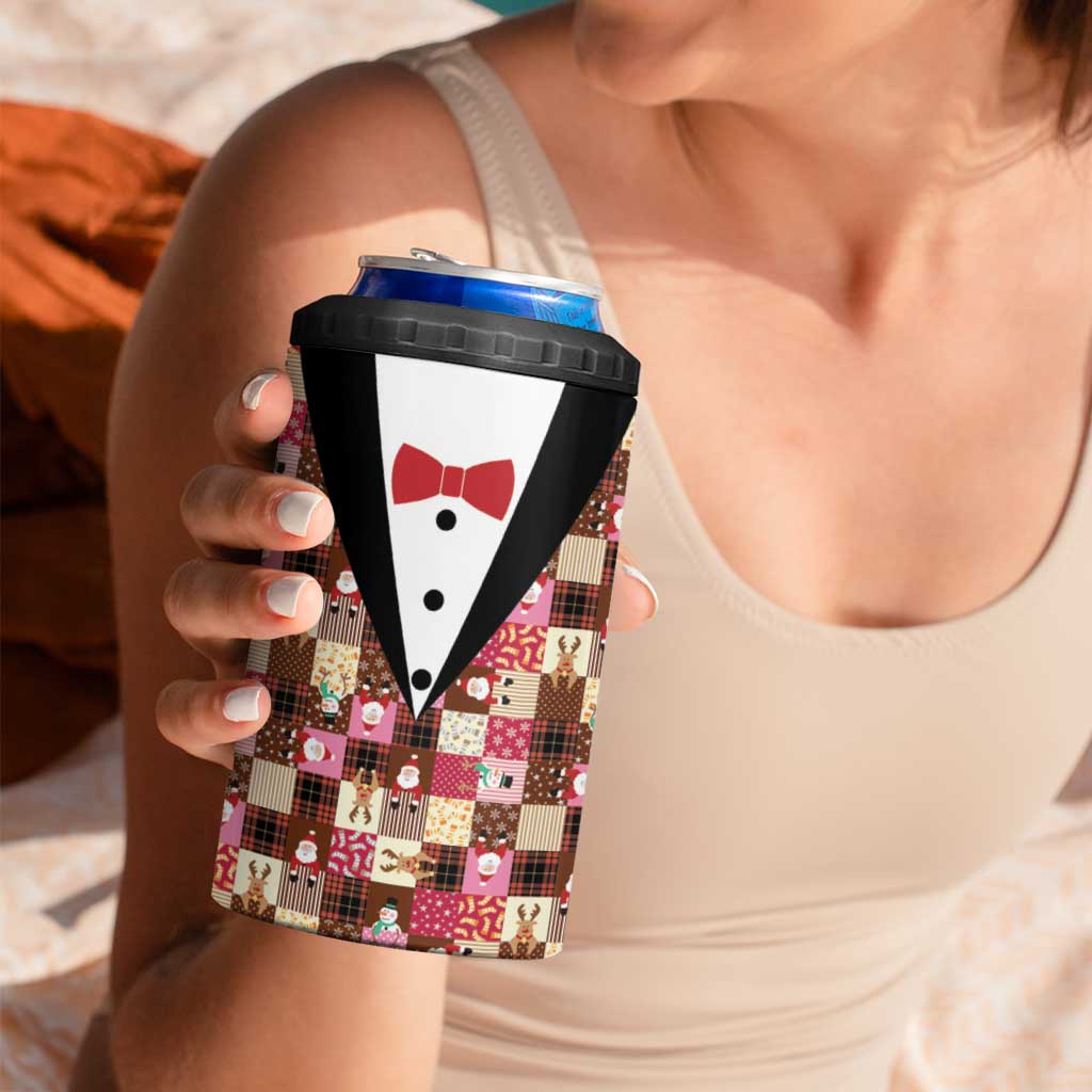 Christmas Patchwork Fake Tuxedo 4 in 1 Can Cooler Tumbler Santa and Reindeer Pink Plaid Style - Wonder Print Shop