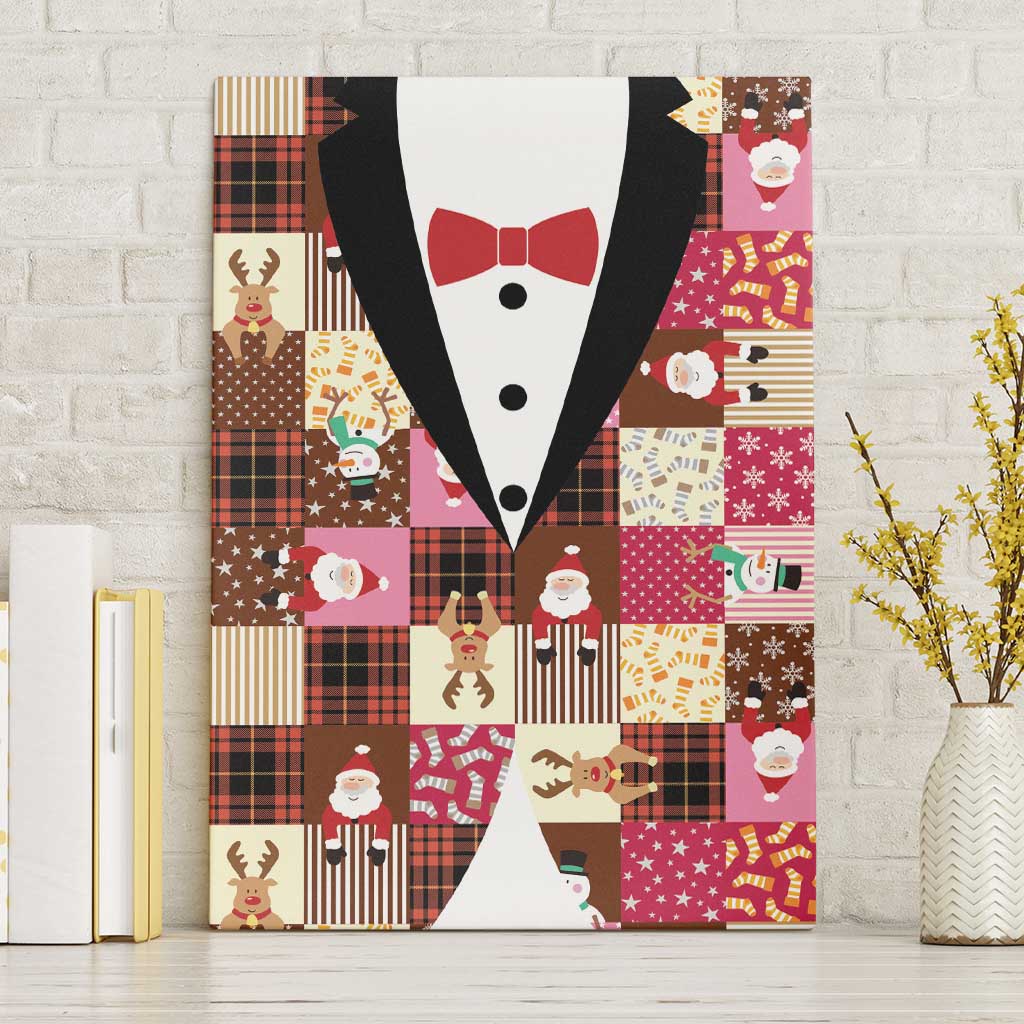 Christmas Patchwork Fake Tuxedo Canvas Wall Art Santa and Reindeer Pink Plaid Style - Wonder Print Shop