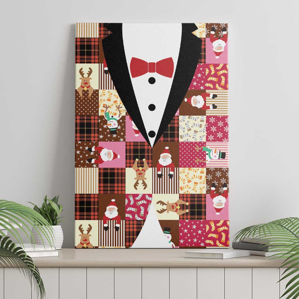 Christmas Patchwork Fake Tuxedo Canvas Wall Art Santa and Reindeer Pink Plaid Style - Wonder Print Shop