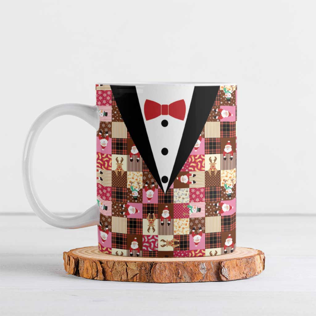 Christmas Patchwork Fake Tuxedo Ceramic Mug Santa and Reindeer Pink Plaid Style - Wonder Print Shop