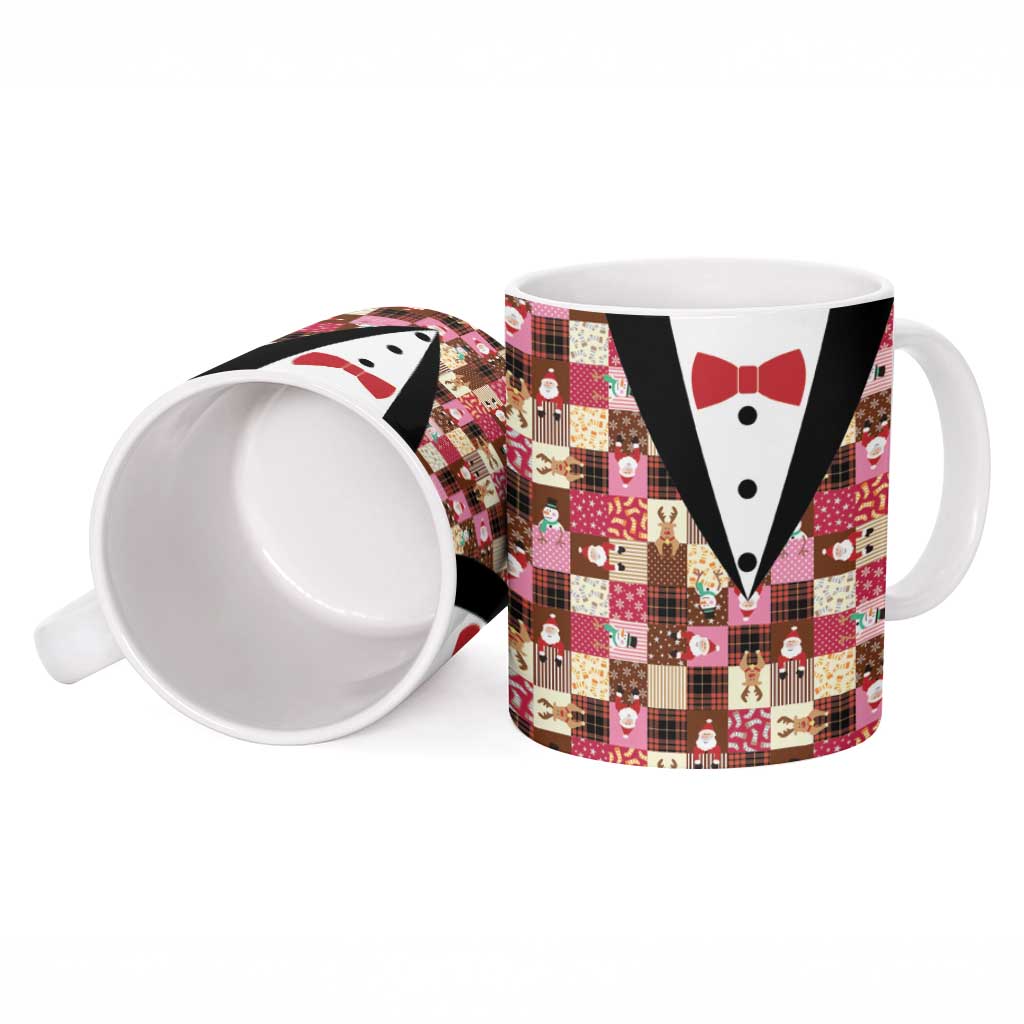 Christmas Patchwork Fake Tuxedo Ceramic Mug Santa and Reindeer Pink Plaid Style - Wonder Print Shop