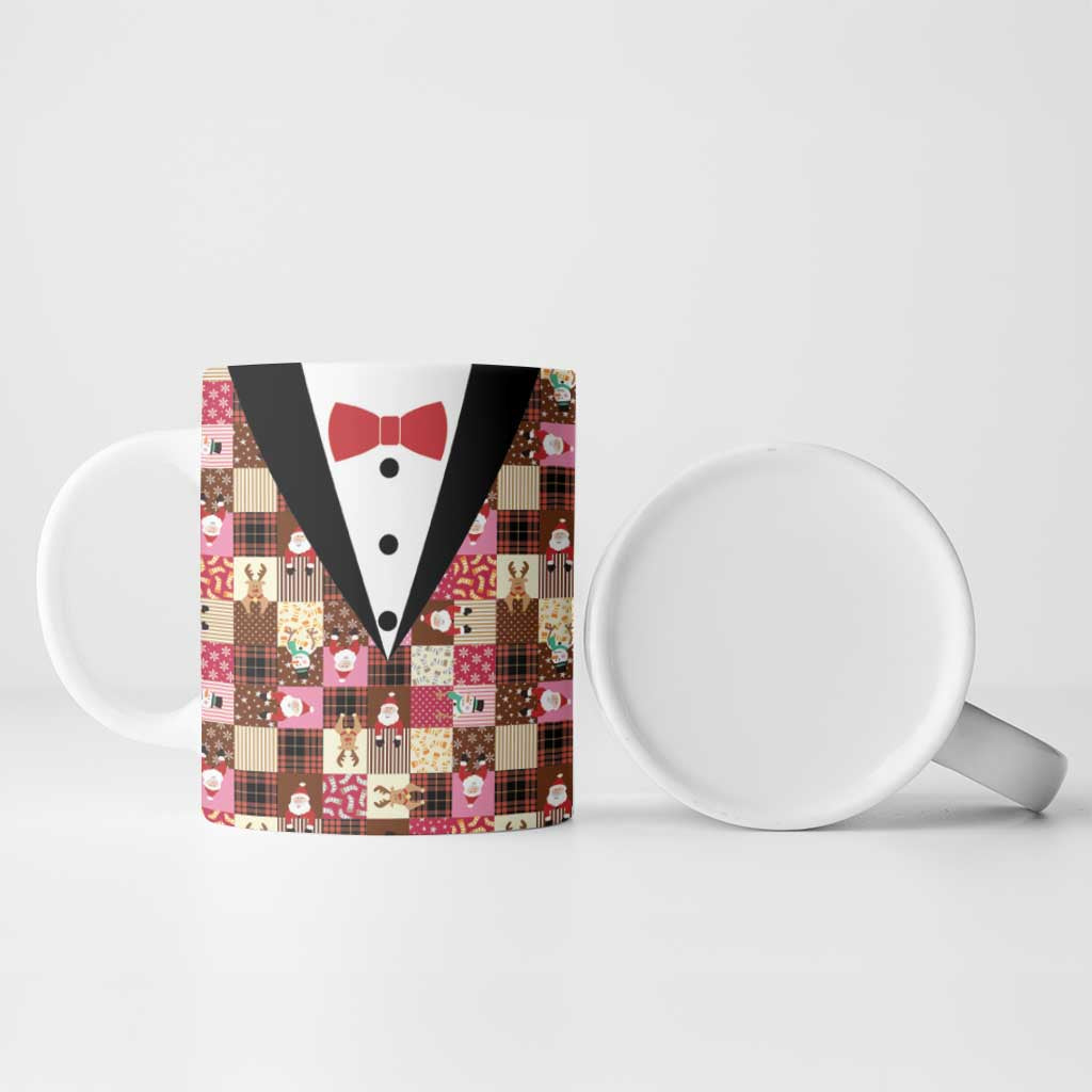 Christmas Patchwork Fake Tuxedo Ceramic Mug Santa and Reindeer Pink Plaid Style - Wonder Print Shop