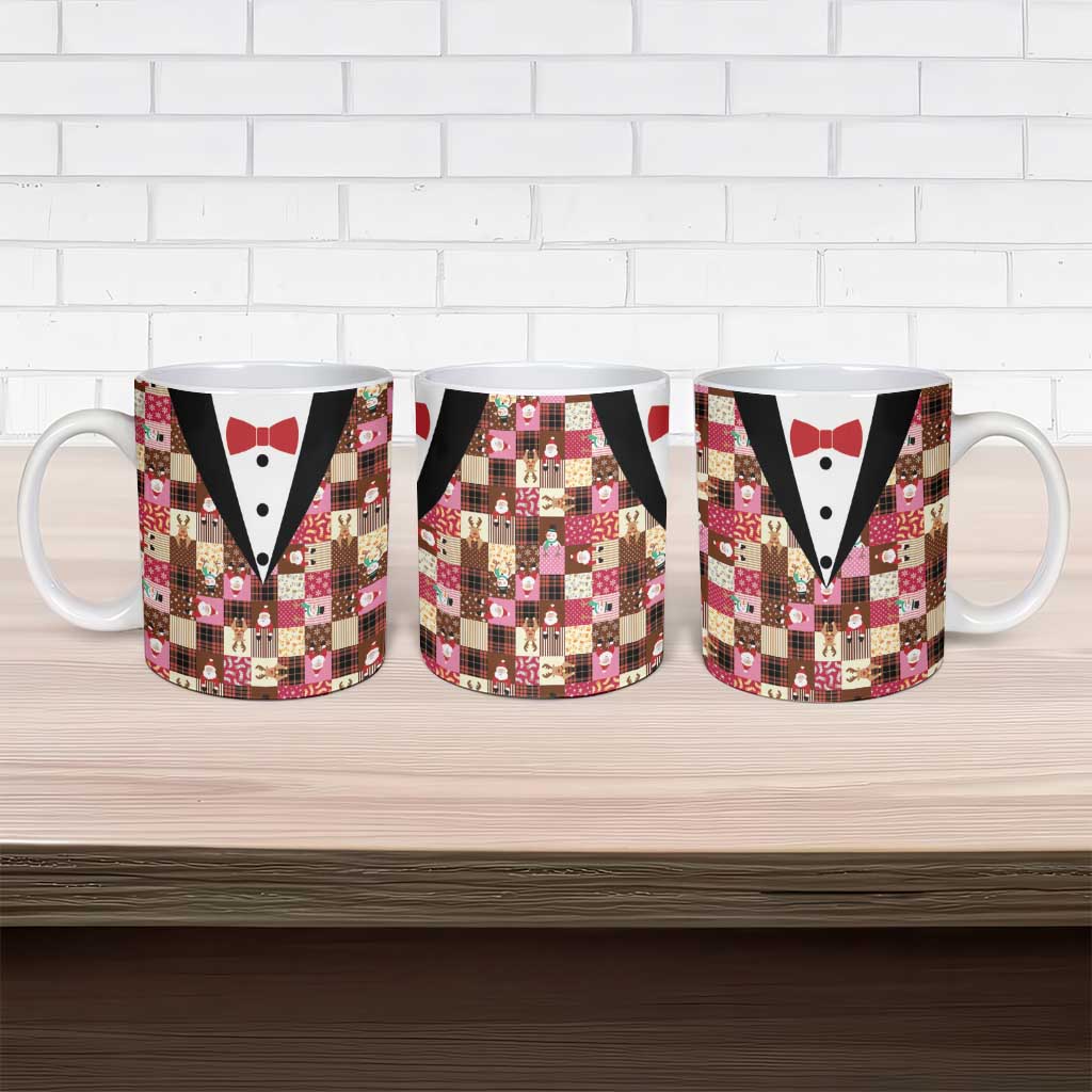 Christmas Patchwork Fake Tuxedo Ceramic Mug Santa and Reindeer Pink Plaid Style - Wonder Print Shop
