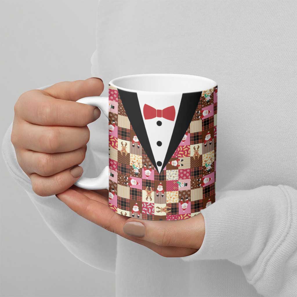 Christmas Patchwork Fake Tuxedo Ceramic Mug Santa and Reindeer Pink Plaid Style - Wonder Print Shop