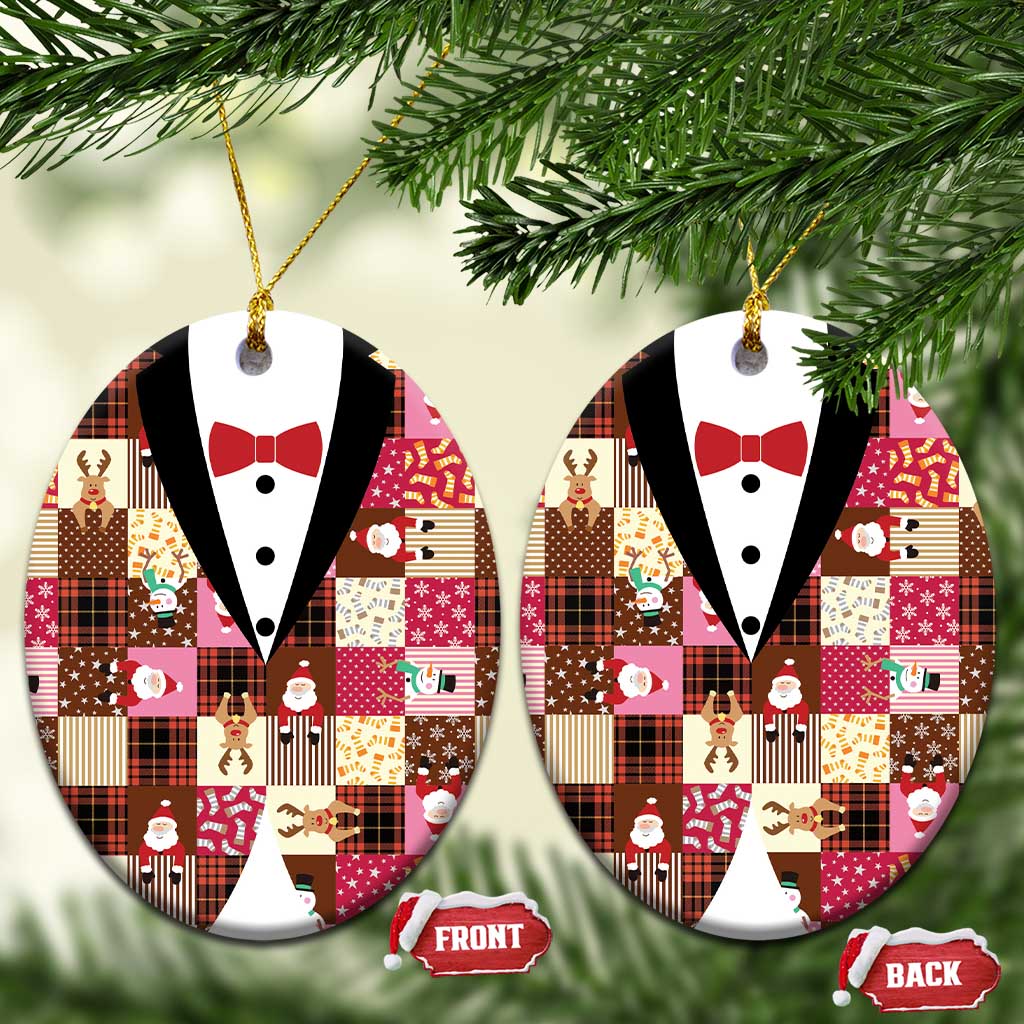 Christmas Patchwork Fake Tuxedo Ceramic Ornament Santa and Reindeer Pink Plaid Style - Wonder Print Shop