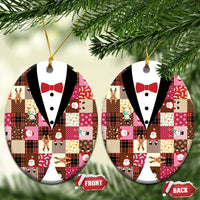 Christmas Patchwork Fake Tuxedo Ceramic Ornament Santa and Reindeer Pink Plaid Style - Wonder Print Shop