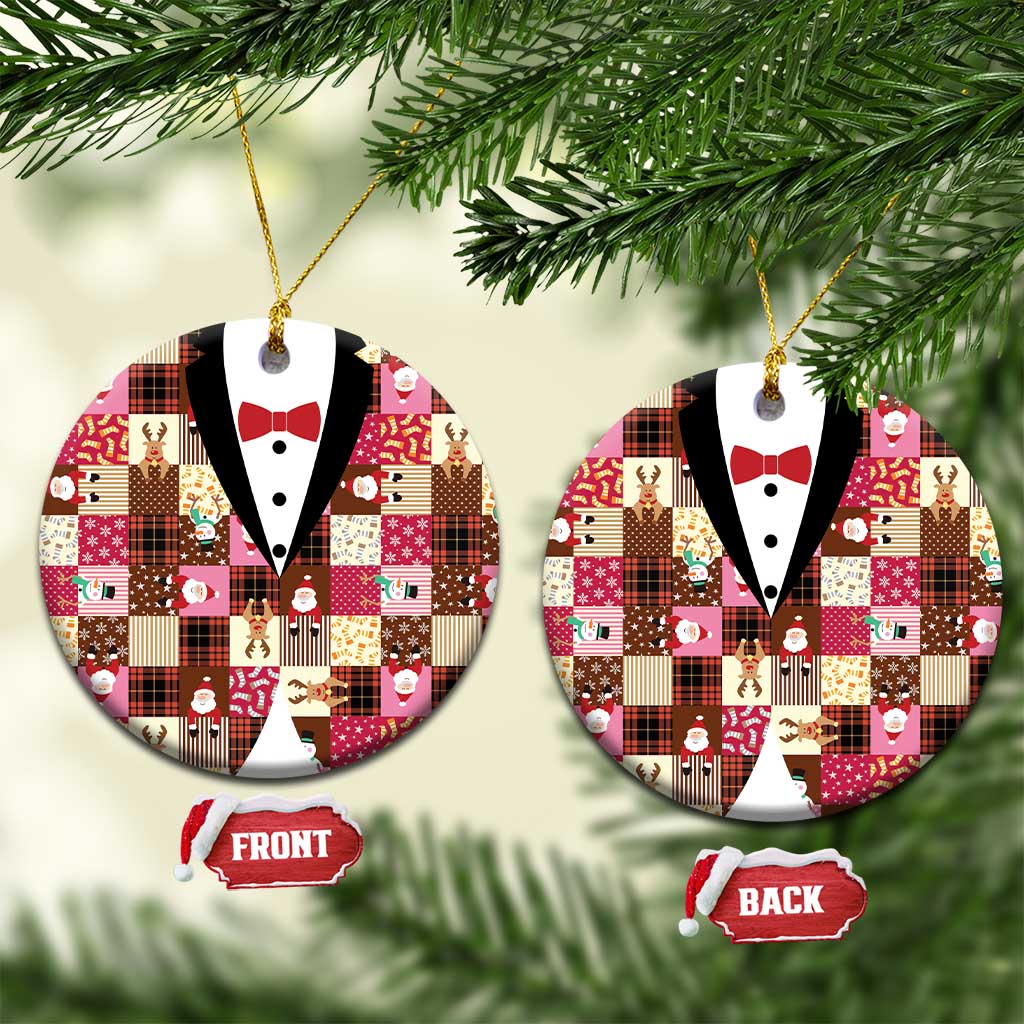 Christmas Patchwork Fake Tuxedo Ceramic Ornament Santa and Reindeer Pink Plaid Style - Wonder Print Shop