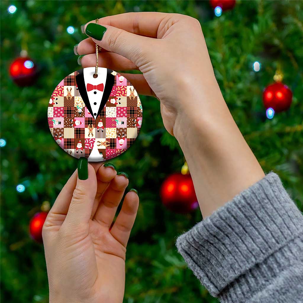 Christmas Patchwork Fake Tuxedo Ceramic Ornament Santa and Reindeer Pink Plaid Style - Wonder Print Shop