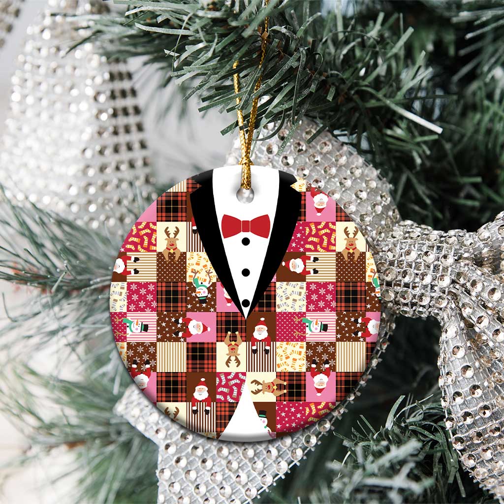 Christmas Patchwork Fake Tuxedo Ceramic Ornament Santa and Reindeer Pink Plaid Style - Wonder Print Shop