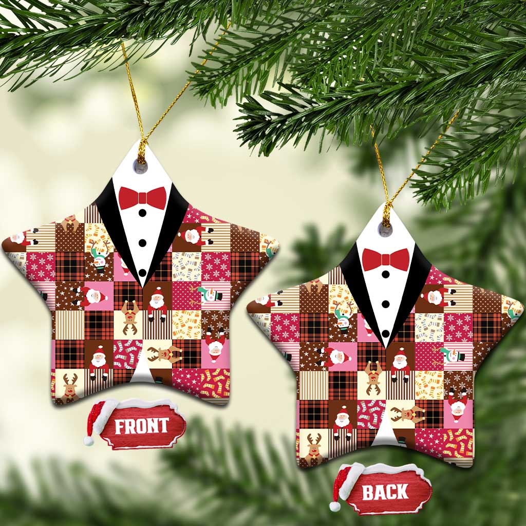 Christmas Patchwork Fake Tuxedo Ceramic Ornament Santa and Reindeer Pink Plaid Style - Wonder Print Shop