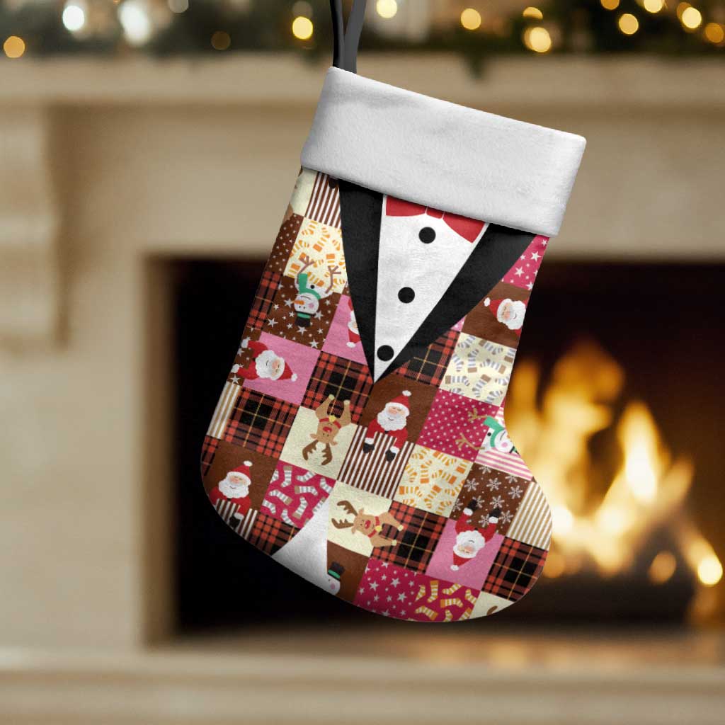 Christmas Patchwork Fake Tuxedo Christmas Stocking Santa and Reindeer Pink Plaid Style - Wonder Print Shop