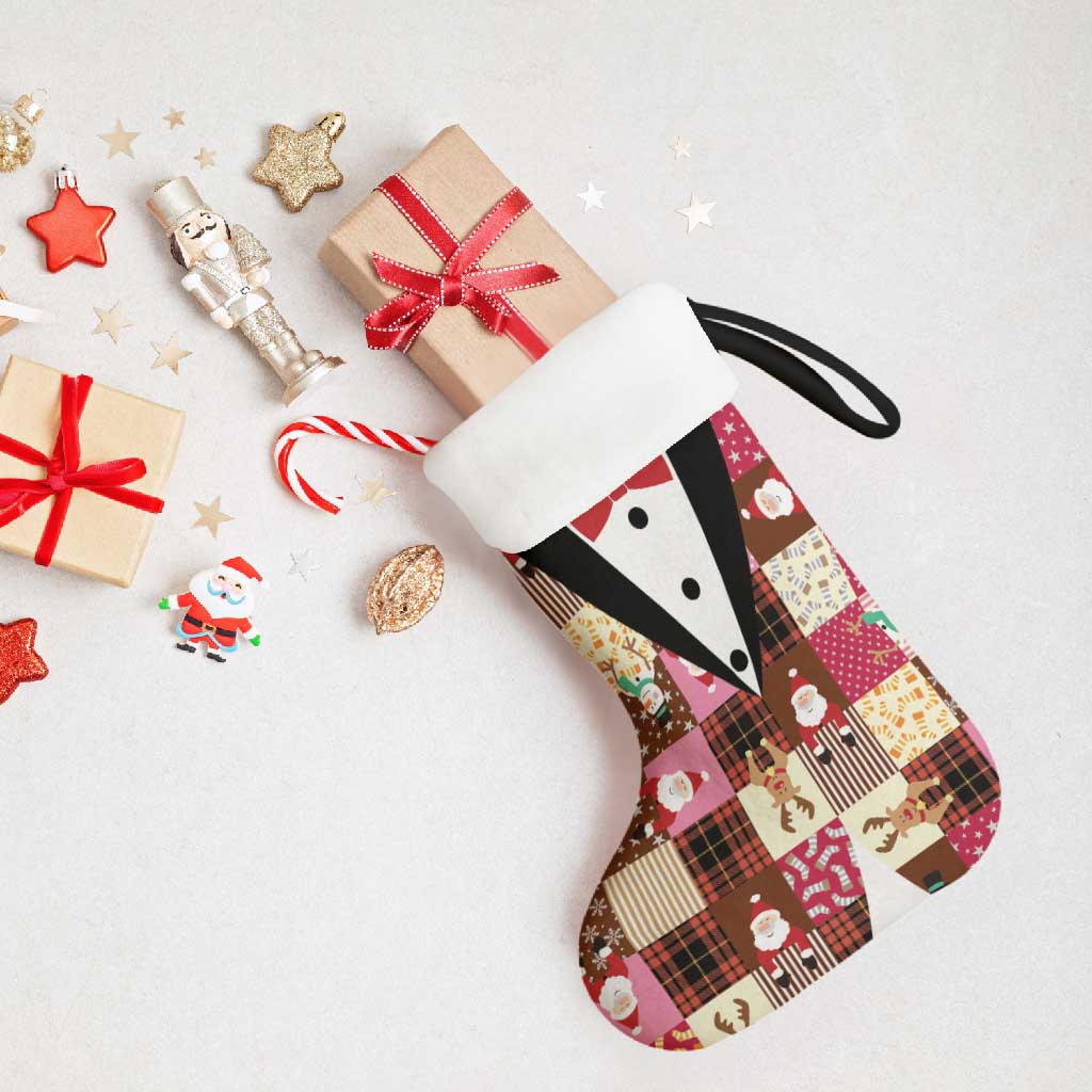Christmas Patchwork Fake Tuxedo Christmas Stocking Santa and Reindeer Pink Plaid Style - Wonder Print Shop