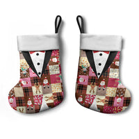 Christmas Patchwork Fake Tuxedo Christmas Stocking Santa and Reindeer Pink Plaid Style - Wonder Print Shop