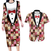 Christmas Patchwork Fake Tuxedo Couples Matching Long Sleeve Bodycon Dress and Hawaiian Shirt Santa and Reindeer Pink Plaid Style - Wonder Print Shop