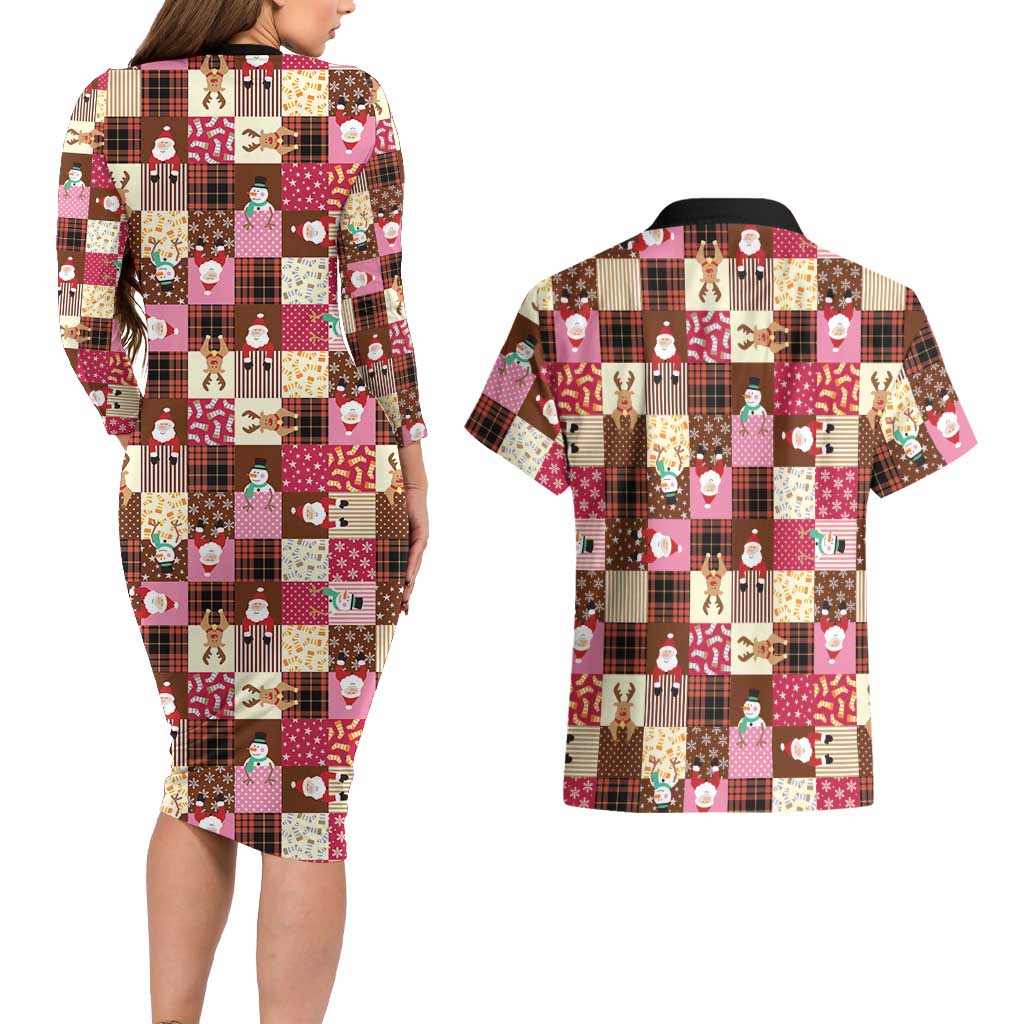 Christmas Patchwork Fake Tuxedo Couples Matching Long Sleeve Bodycon Dress and Hawaiian Shirt Santa and Reindeer Pink Plaid Style - Wonder Print Shop