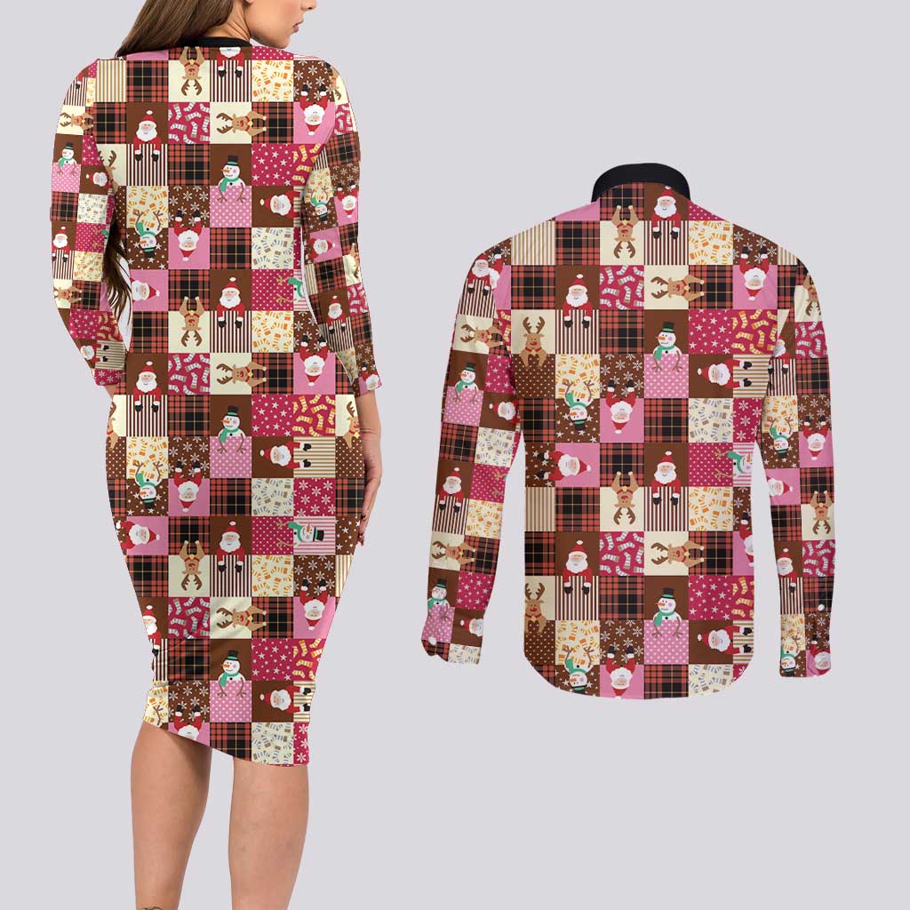Christmas Patchwork Fake Tuxedo Couples Matching Long Sleeve Bodycon Dress and Long Sleeve Button Shirt Santa and Reindeer Pink Plaid Style - Wonder Print Shop