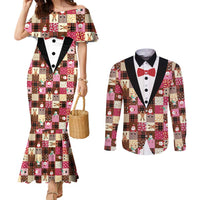 Christmas Patchwork Fake Tuxedo Couples Matching Mermaid Dress and Long Sleeve Button Shirt Santa and Reindeer Pink Plaid Style - Wonder Print Shop