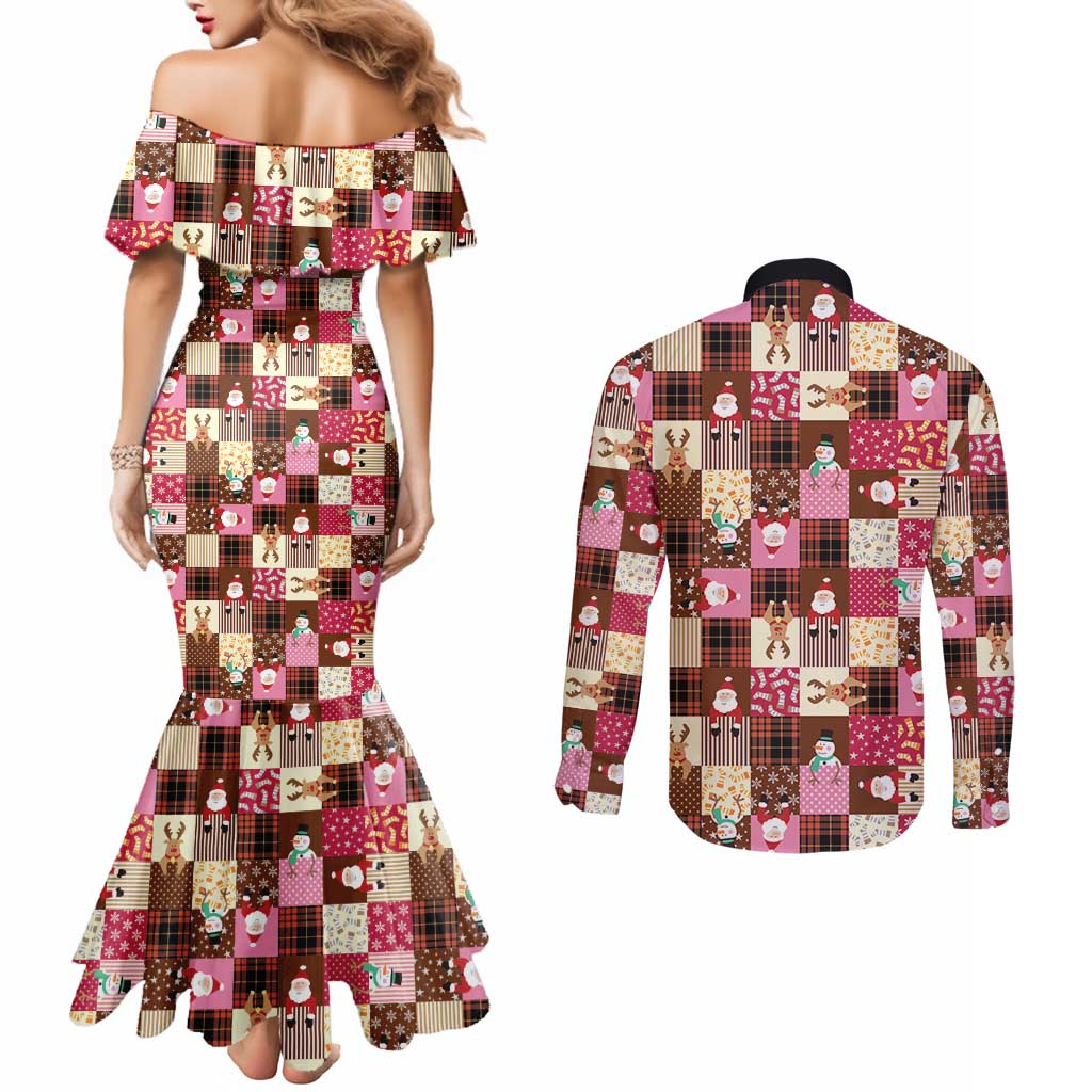Christmas Patchwork Fake Tuxedo Couples Matching Mermaid Dress and Long Sleeve Button Shirt Santa and Reindeer Pink Plaid Style - Wonder Print Shop