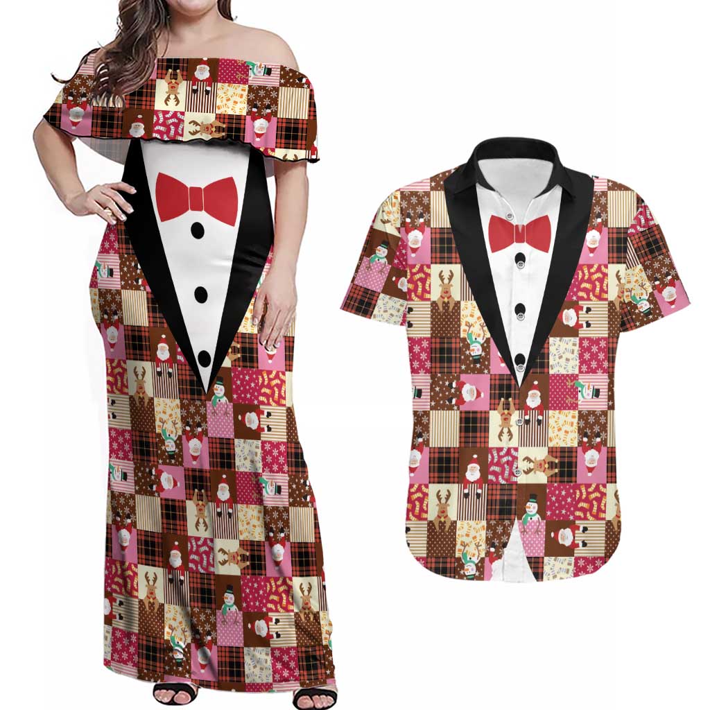 Christmas Patchwork Fake Tuxedo Couples Matching Off Shoulder Maxi Dress and Hawaiian Shirt Santa and Reindeer Pink Plaid Style - Wonder Print Shop