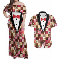 Christmas Patchwork Fake Tuxedo Couples Matching Off Shoulder Maxi Dress and Hawaiian Shirt Santa and Reindeer Pink Plaid Style - Wonder Print Shop