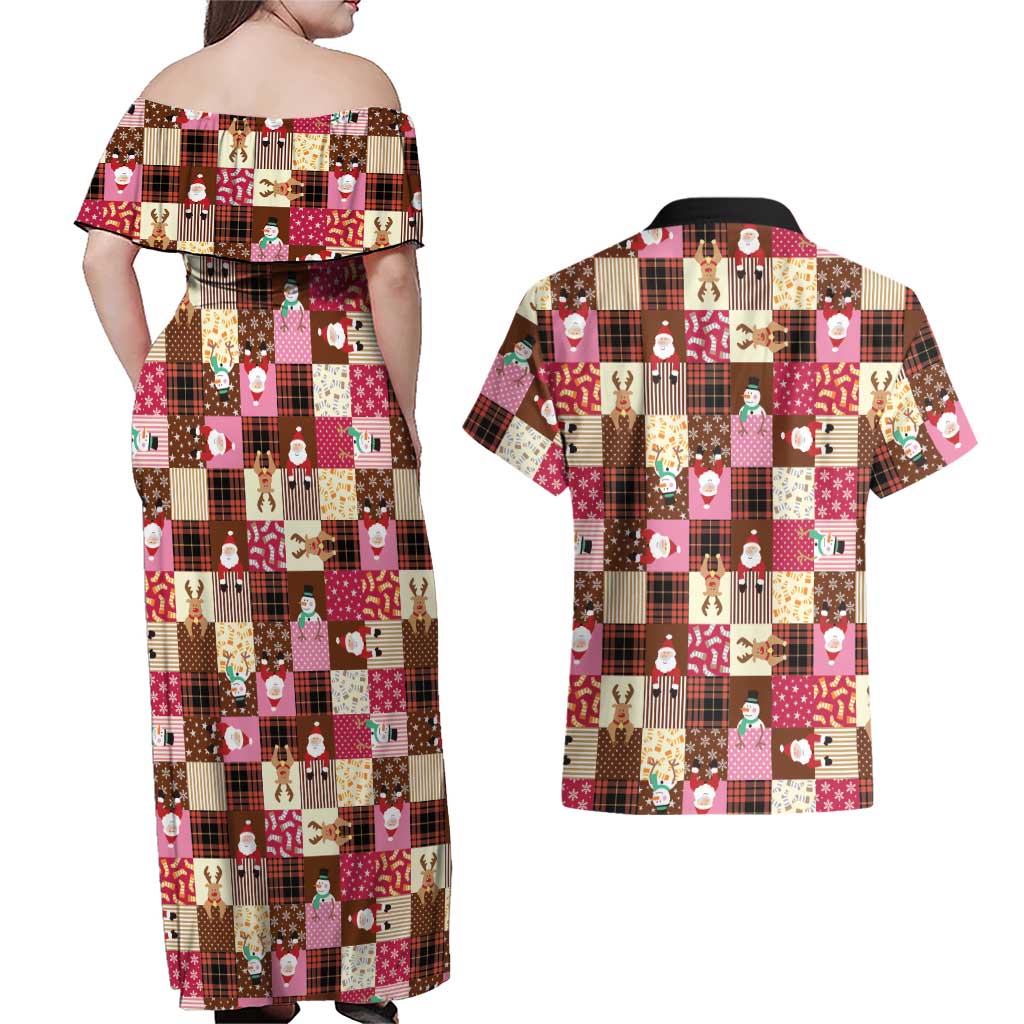 Christmas Patchwork Fake Tuxedo Couples Matching Off Shoulder Maxi Dress and Hawaiian Shirt Santa and Reindeer Pink Plaid Style - Wonder Print Shop