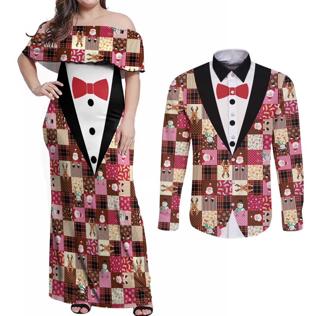 Christmas Patchwork Fake Tuxedo Couples Matching Off Shoulder Maxi Dress and Long Sleeve Button Shirt Santa and Reindeer Pink Plaid Style - Wonder Print Shop