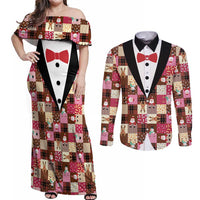 Christmas Patchwork Fake Tuxedo Couples Matching Off Shoulder Maxi Dress and Long Sleeve Button Shirt Santa and Reindeer Pink Plaid Style - Wonder Print Shop