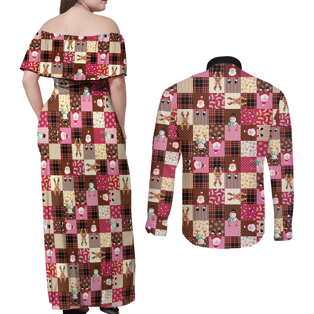 Christmas Patchwork Fake Tuxedo Couples Matching Off Shoulder Maxi Dress and Long Sleeve Button Shirt Santa and Reindeer Pink Plaid Style - Wonder Print Shop