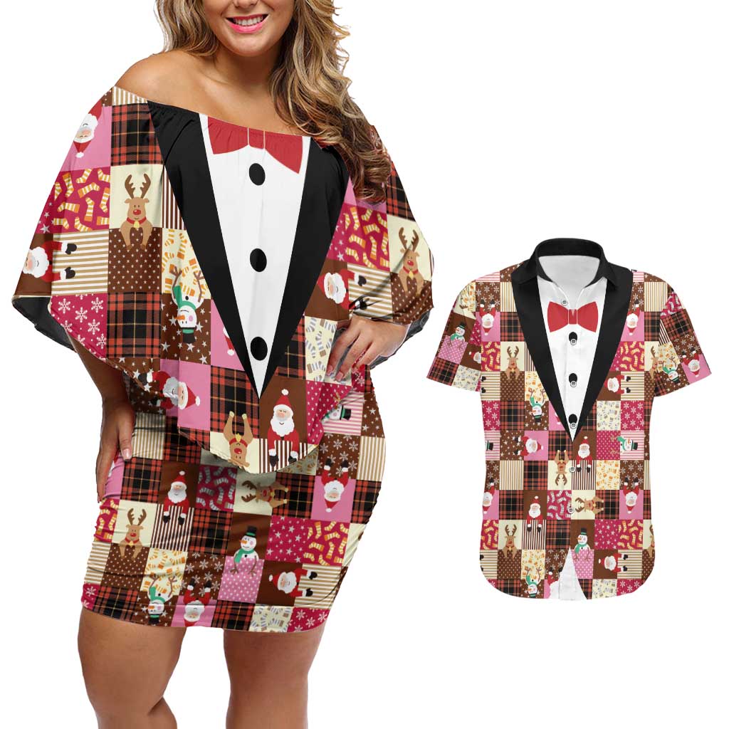 Christmas Patchwork Fake Tuxedo Couples Matching Off Shoulder Short Dress and Hawaiian Shirt Santa and Reindeer Pink Plaid Style - Wonder Print Shop