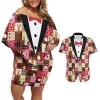 Christmas Patchwork Fake Tuxedo Couples Matching Off Shoulder Short Dress and Hawaiian Shirt Santa and Reindeer Pink Plaid Style - Wonder Print Shop